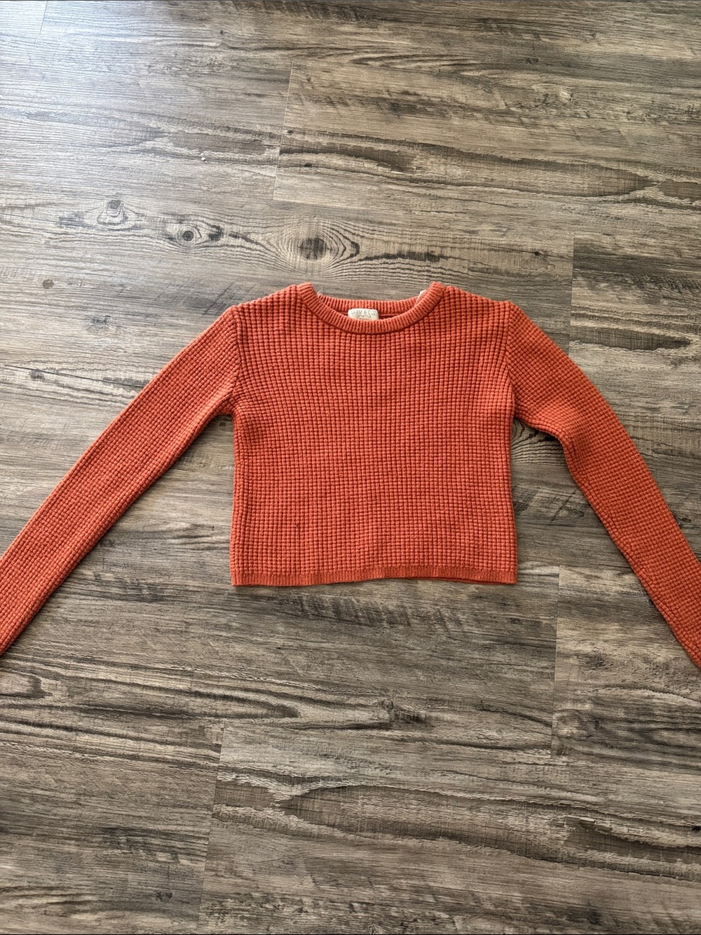 Cropped Waffle Knit Long Sleeve Top - Rust